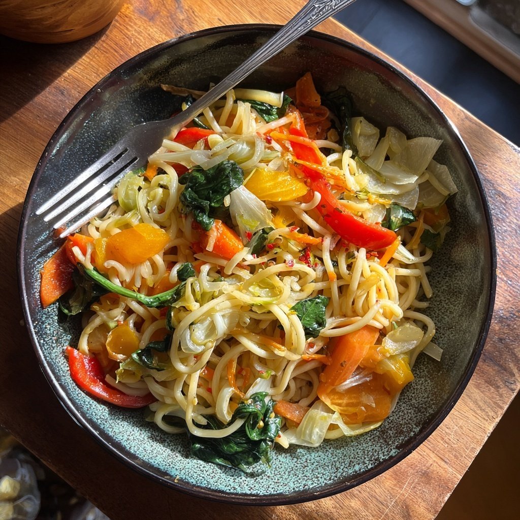 Mittagessen mit Gemüse und Nudeln
